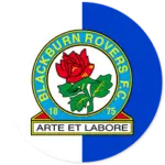 A Blackburn Rovers club crest on a white and blue circle
