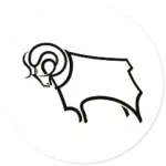 A Derby County club crest on a white circle