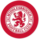 A Middlesbrough club crest on a red circle