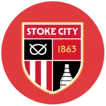 A Stoke City club crest on a red circle