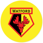 A Watford club crest on a yellow circle