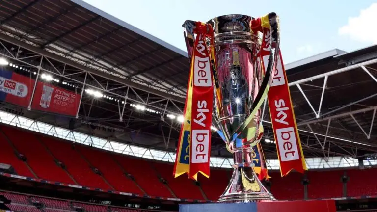 The Championship playoff trophy pictured at Wembley stadium