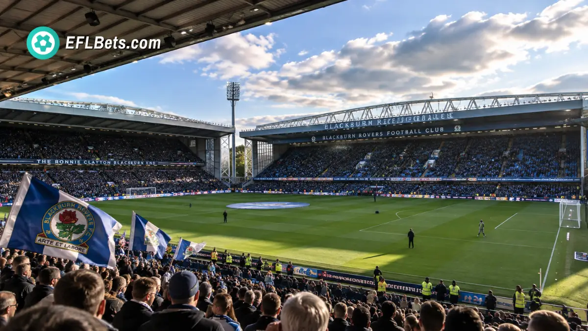 Blackburn Rovers' Ewood Park Stadium interior, filled with fans before a game