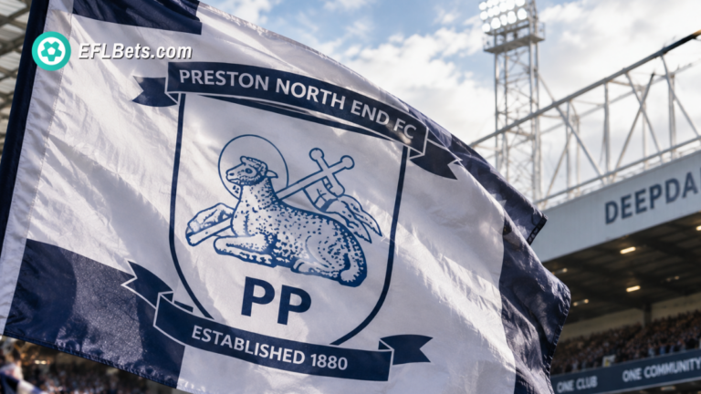A Preston North End flag, billowing in the breeze