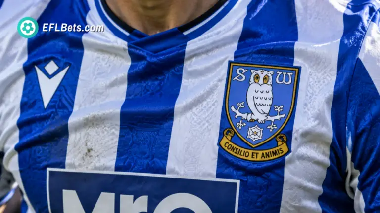 Close up of a Sheffield Wednesday club badge on a player's shirt