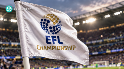 Close up of an EFL Championship corner flag, with a packed stadium in the background