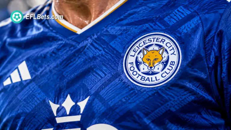Close up of a Leicester City club badge on a player's shirt