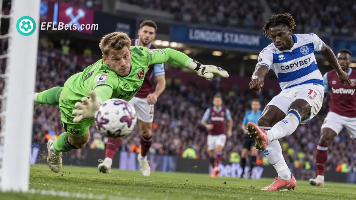 Mads Hermansen of West Ham making an incredible save from Richard Kone of QPR, in a packed London Stadium
