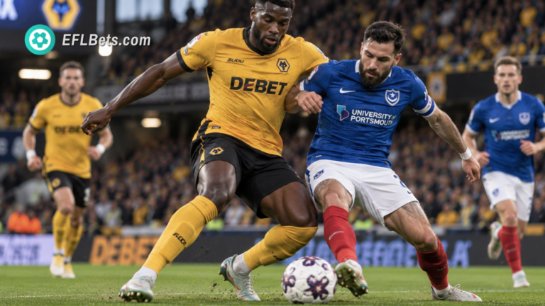 Toti Gomes of Wolves, jostling for the ball with Marlon Pack of Portsmouth
